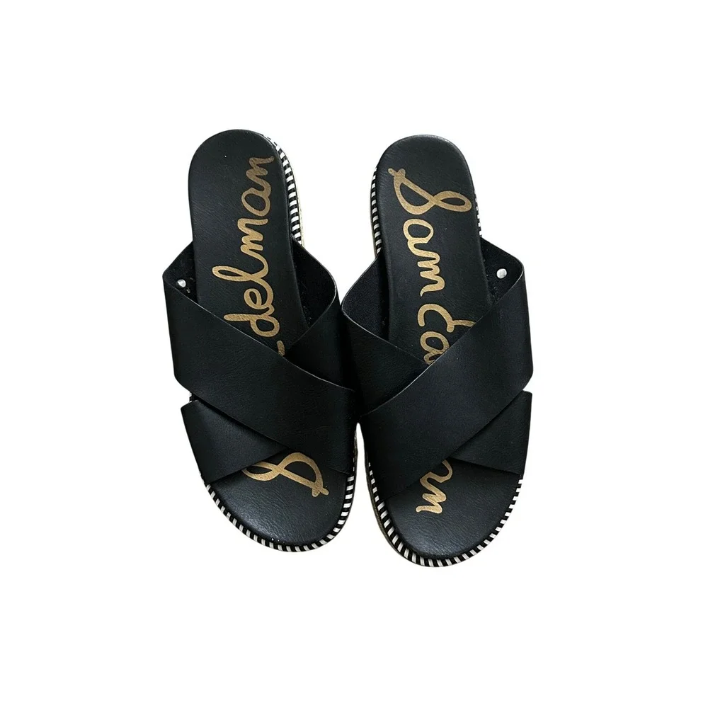 Sam Edelman Adora Black Leather Crisscross‎ Espadrille Platform Slide Sandals